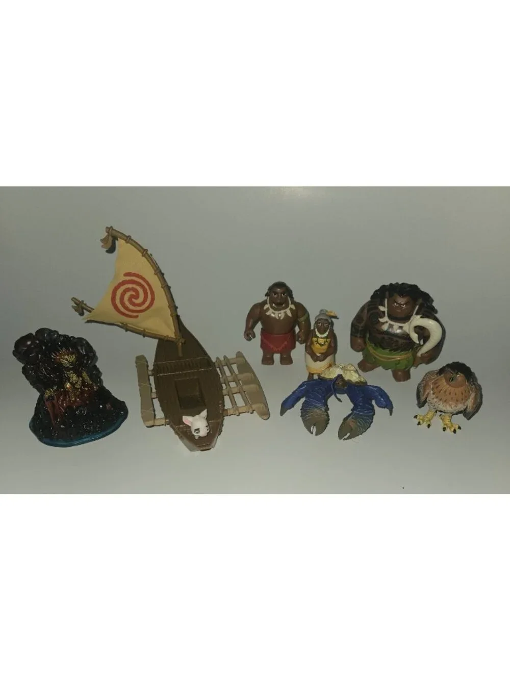 7 Moana Disney Figure Canoe Boat Toy Lot Chief Tui Gramma Hawk Pua Maui Te Fiti